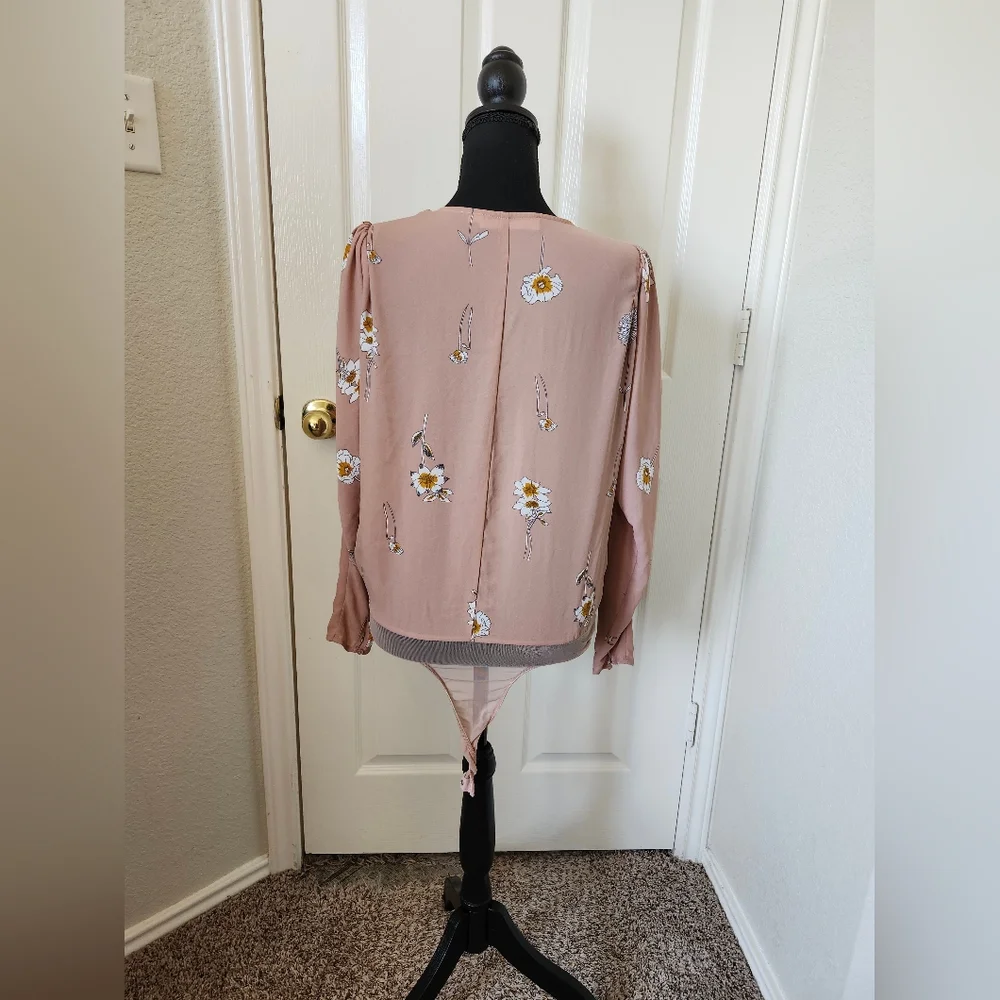 Astr Blush Floral Wrap Bodysuit Long Sleeve S